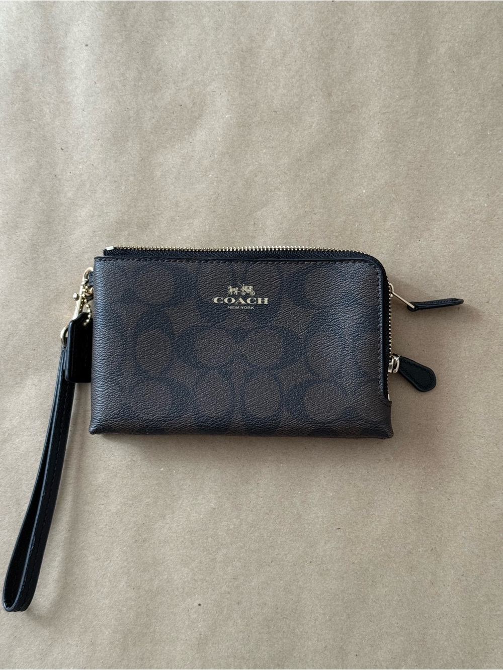 Coach Brown and Black Signature Double Zip Wristlet